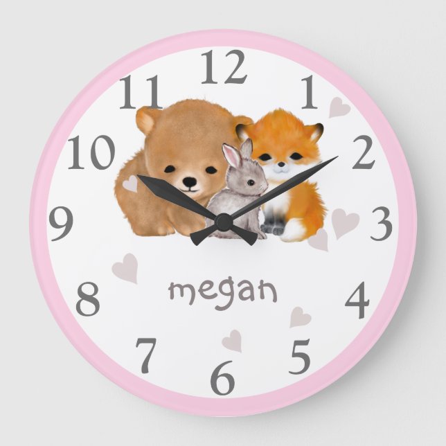 Rosa Woodland Animal Fox Bear Bunny Wall Clock Stor Klocka (Framsida)