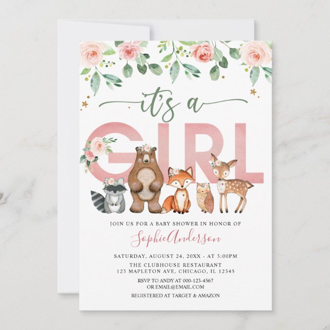  Rosa Woodland animals Baby Shower Inbjudningar (Framsida)