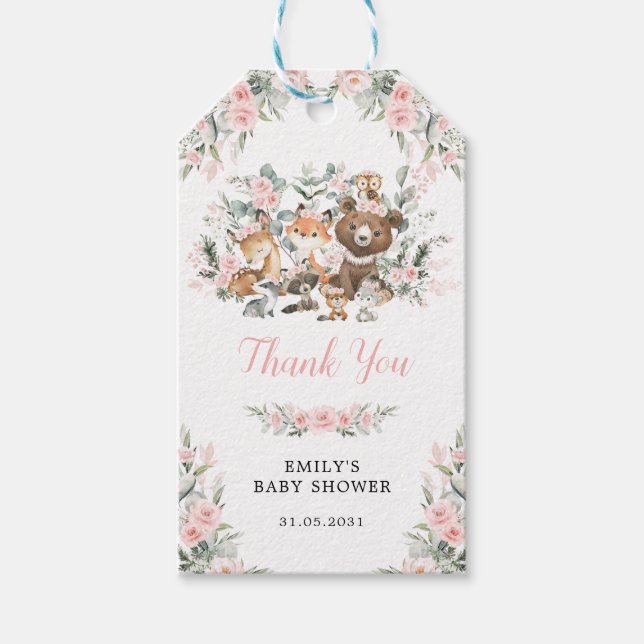 Rosa Woodland Animals Baby Shower Presentetikett (Framsidan)
