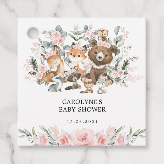 Rosa Woodland Animals Eucalyptus Girl Baby Shower Gåvor Etiketter (Framsida)