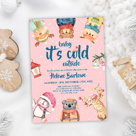 Rosa Woodland Animals Flicka Winter Baby Shower Inbjudningar