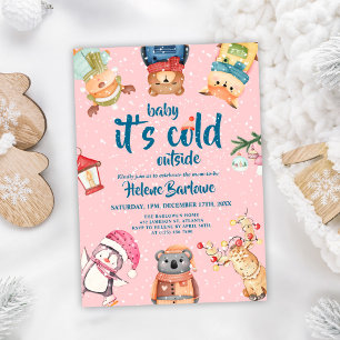 Rosa Woodland Animals Flicka Winter Baby Shower Inbjudningar