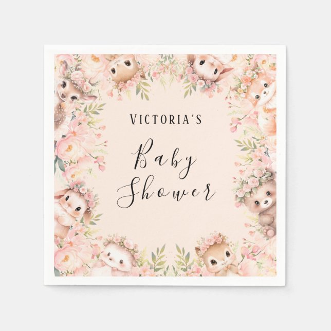 Rosa Woodland Animals Personlig Pappersservett (Framsidan)