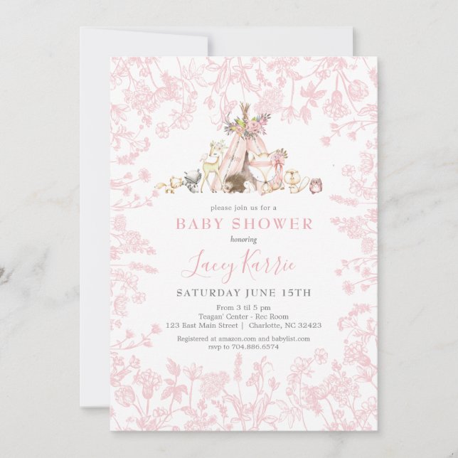 Rosa Woodland Baby Shower-inbjudan Inbjudningar (Framsida)