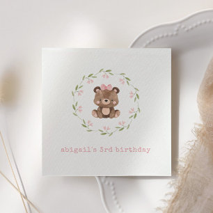 Rosa Woodland Bear Blommigt Eucalyptus Birthday Pappersservett