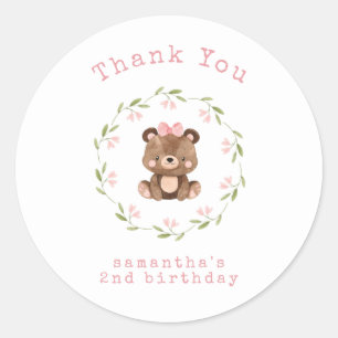 Rosa Woodland Bear Girl Birthday Tack Runt Klistermärke