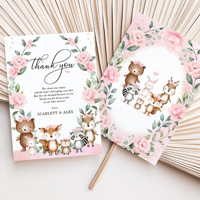  Rosa Woodland Blommigt Animals Baby Shower Tack Kort (Skapare uppladdad)