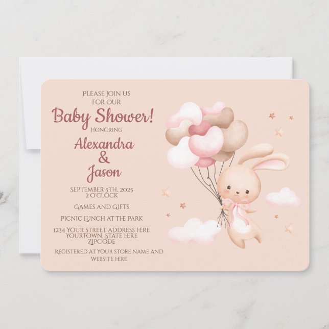Rosa Woodland Bunny Rabbit Baby Shower Inbjudningar (Framsida)