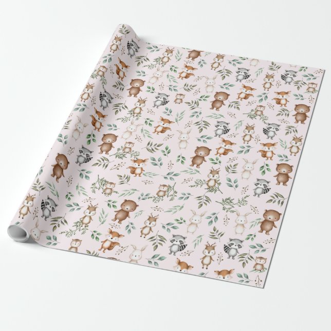 Rosa Woodland Forest Animals Birthday Baby Shower Presentpapper (Utrullad)