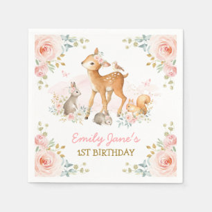 Rosa Woodland Forest Animals Blommigt Birthag Pappersservett