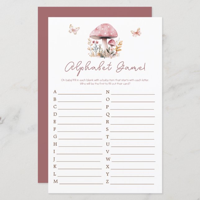 Rosa Woodland Mushroom Baby Shower Alphabet (Fram/baksida)