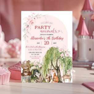 Rosa Woodland Party Animals Flickfödelsedag Inbjudningar