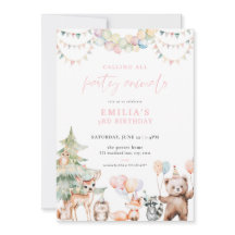 Rosa Woodland Party Animals Födelsedagsinbjudan