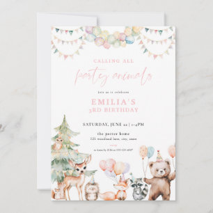 Rosa Woodland Party Animals Födelsedagsinbjudan Inbjudningar