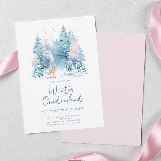 Rosa Woodland Winter Onederland 1:a födelsedagen P Inbjudningar (Pink Woodland Winter Onederland 1st Birthday Party Invitation)