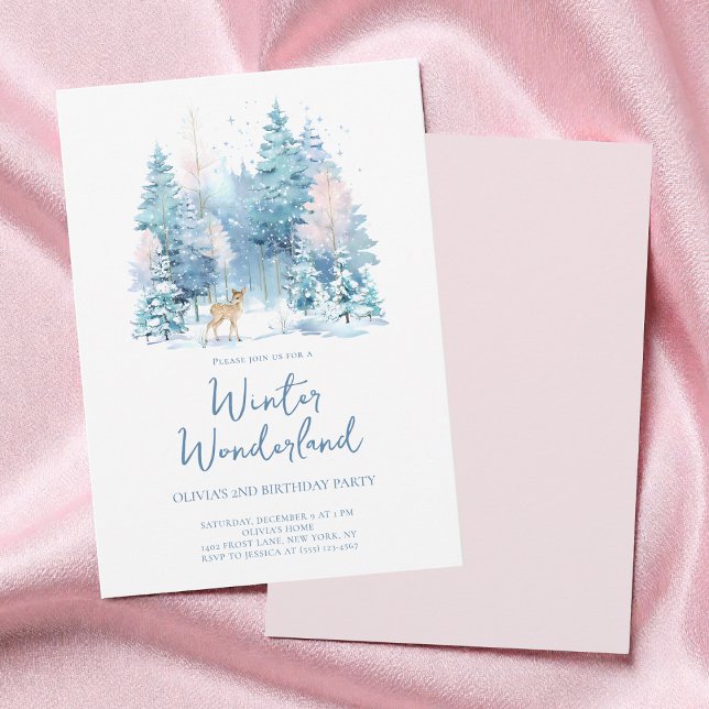Rosa Woodland Winter Wonderland 2:a födelsedagen P Inbjudningar (Pink Woodland Winter Wonderland 2nd Birthday Party Invitation)