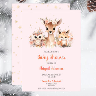 Rosa Woodland Winter Wonderland Baby Shower Inbjudningar