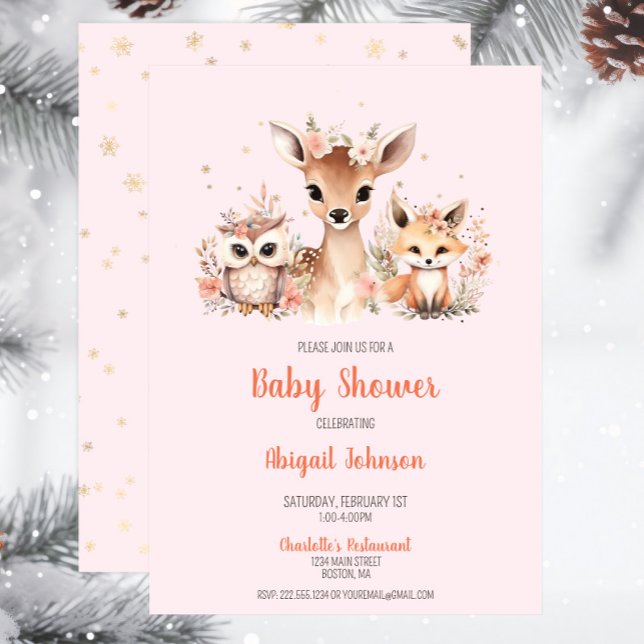 Rosa Woodland Winter Wonderland Baby Shower Inbjudningar (Pink Snowflake Woodland Baby Shower Invitation, Deer Owl Fox, Baby Girl Shower, Script Whimsical)