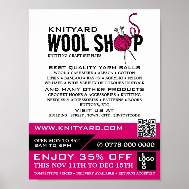 Rosa Wool Shop Logotyp, Knitting Store, Garnbutik Poster (Framsidan)