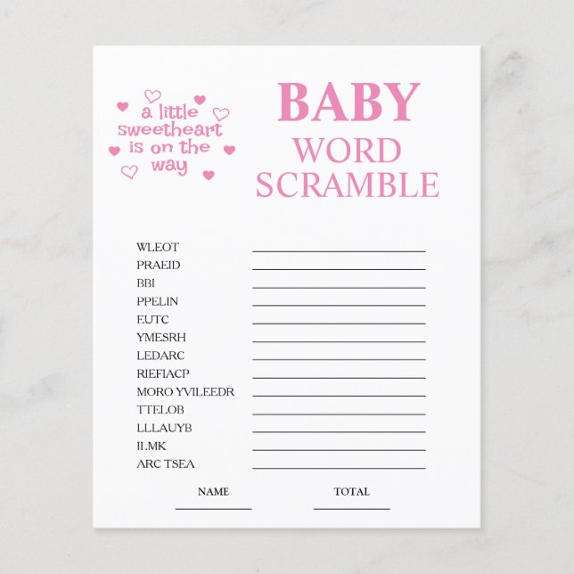 Rosa Word Scramble Baby Shower-spel (Framsida)
