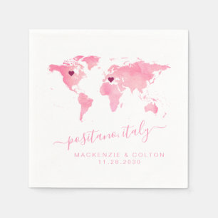Rosa World Map 2 Hearts Destinationsbröllop Shower Pappersservett