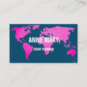 Rosa World Map Abstrakt Art Blue Bröllop Cute Visitkort