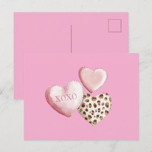 Rosa XOXO Leopard Print Hearners Vykort