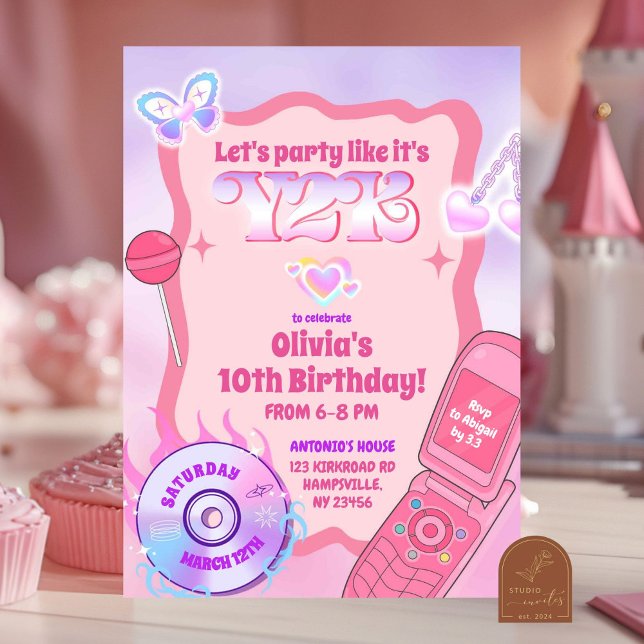 Rosa Y2K-fest Åter till 2000- talet födelsedag Inbjudningar (Skapare uppladdad)
