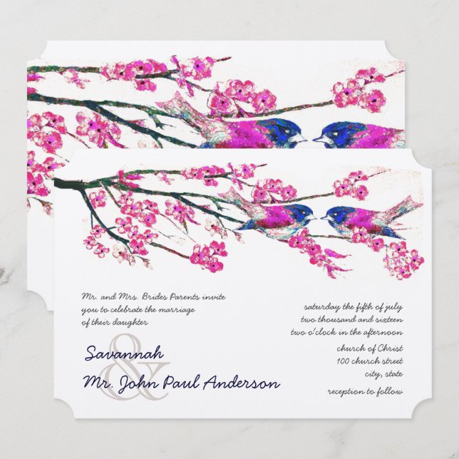 Rosa Y<Pil Navy Blue Love Bird Forest Bröllop Inbjudningar (Fram/baksida)