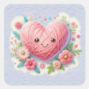 Rosa Yarn Ansikte Valentine Heart Fyrkantigt Klistermärke