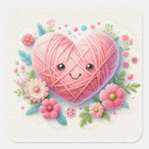 Rosa Yarn Ansikte Valentine Heart Fyrkantigt Klistermärke