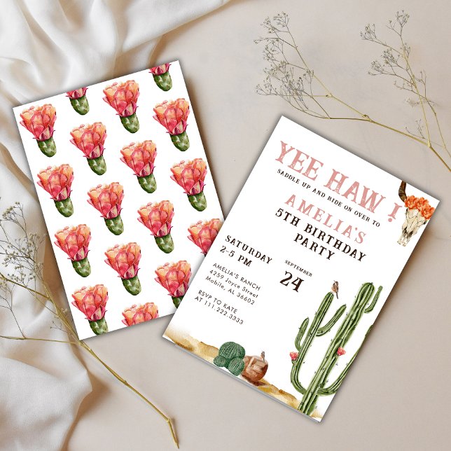 Rosa Yee Haw Western Rodeo Cowgirl Birthday Inbjudningar (Skapare uppladdad)