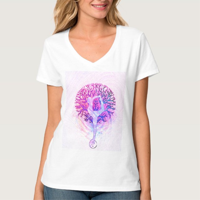 Rosa Yogaträdkvinna i pastellfärgade färger T Shirt (Framsida)