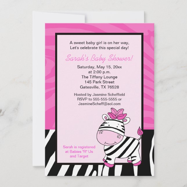 Rosa Zebra 5x7 Baby Shower-inbjudan Inbjudningar (Framsida)