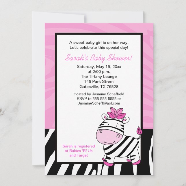 Rosa Zebra 5x7 Baby Shower-inbjudan - Ljus rosa Inbjudningar (Framsida)