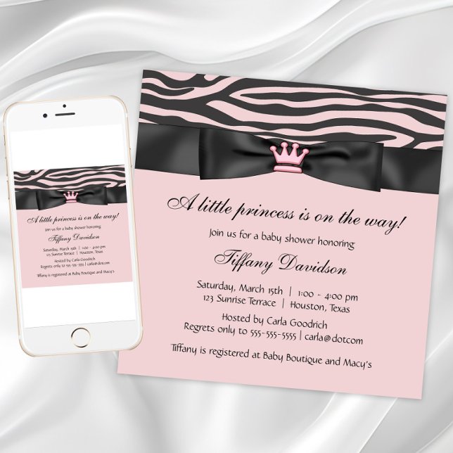 Rosa Zebra Baby Shower Inbjudningar (Pink zebra baby shower invitation. Add your own text. Digital download and printed invitations.)