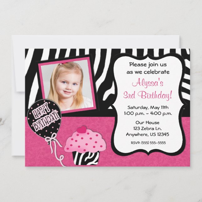 Rosa Zebra Cupkaka Girls födelsedagsinbjudan Inbjudningar (Framsida)