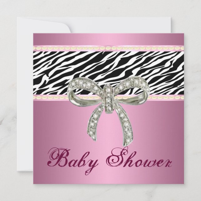 Rosa Zebra Diamond Bow Baby Shower-inbjudan Inbjudningar (Framsida)
