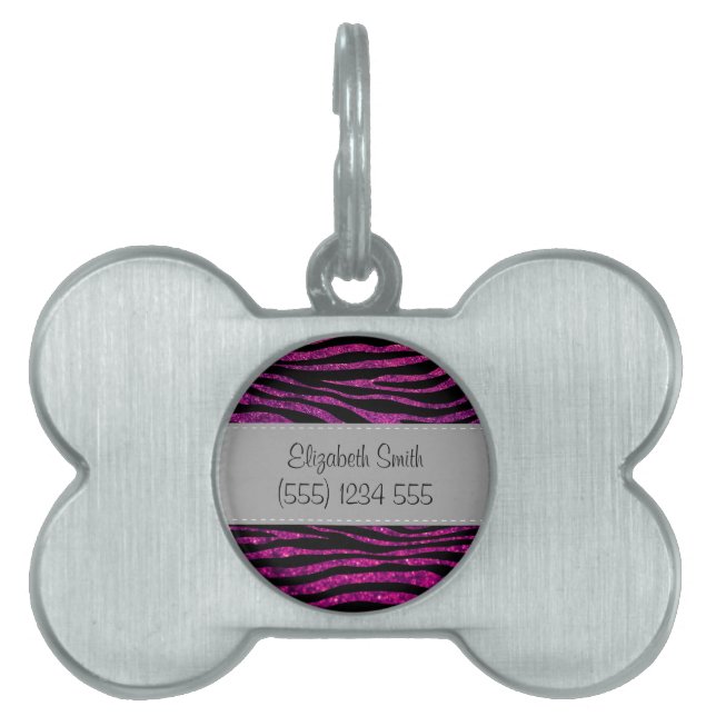 Rosa Zebra, Glitter Zebra, Zebra tryck, ditt namn Namnbricka Husdjur (Framsidan)