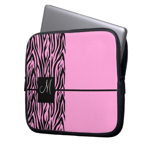 Rosa Zebra-Monogrammed Laptop Fodral (Framsidan Vänster)
