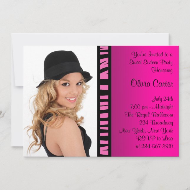 Rosa Zebra Photo Sweet sixteen Födelsedagsfest Inbjudningar (Framsida)