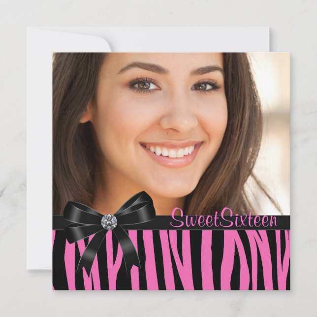 Rosa Zebra Photo Sweet sixteen Födelsedagsfest Inbjudningar (Framsida)