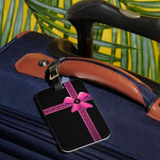 Rosa Zebra Ribbon med Rosa Bow Monogram Bagagebricka (Framsida Insitu 1)
