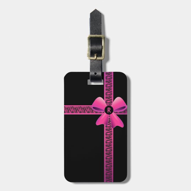 Rosa Zebra Ribbon med Rosa Bow Monogram Bagagebricka (Vertikal Framsida)