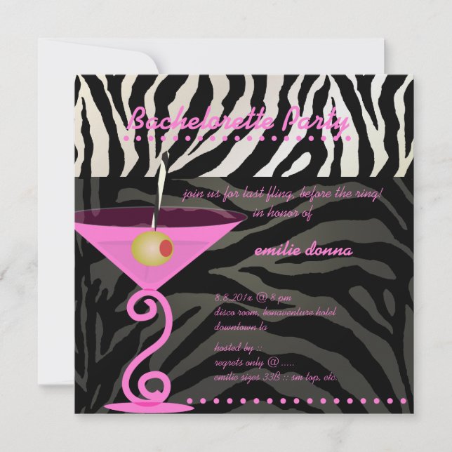 Rosa Zebra/rosa martini Bachelorette Party Inbjudningar (Framsida)