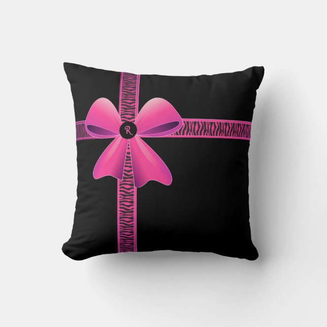 Rosa Zebra Rosa Ribbon Monogram Kudde (Framsida)