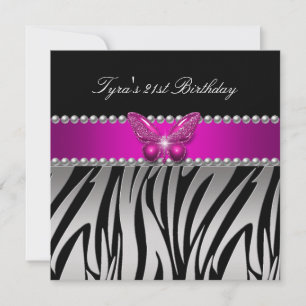 Rosa zebra silver svart fjäril födelsedagsfest inbjudningar