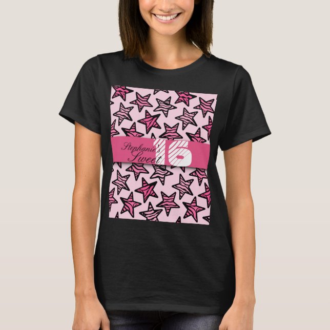 Rosa zebra-stjärnor Sweet 16 Birthday Tshirt Tee (Framsida)