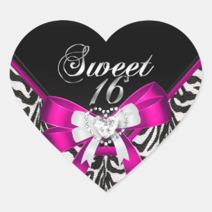 Rosa zebra svart Sweet Sixteen 16 födelsedagsfest Hjärtformat Klistermärke