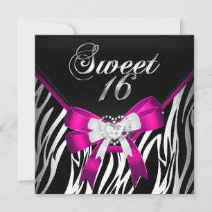Rosa zebra Sweet Sixteen 16 födelsedag svart vit Inbjudningar